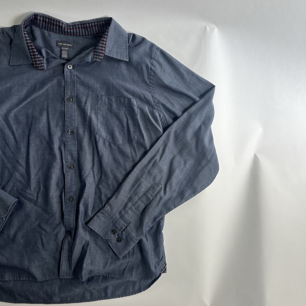 Van Heusen Men's Blue Solid Woven Button-Up Shirt Long Sleeve Pockets XL - Picture 3 of 8